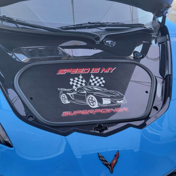 corvette c8 frunk trunk panel in hydro carbon fiber with speed is my super power by classic trim customs