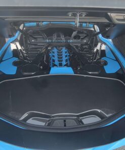 hydrocarbon fiber Corvette C8 trunk cover by classic trim customs on a rapid blue corvette