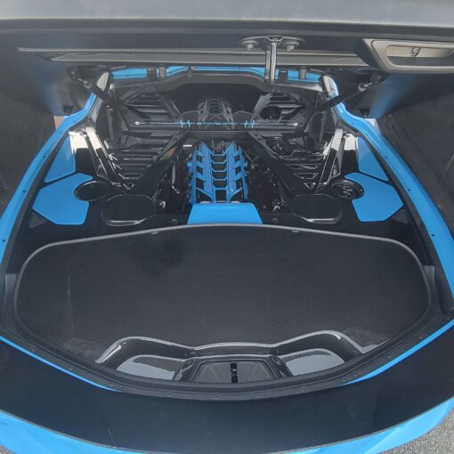 hydrocarbon fiber Corvette C8 trunk cover by classic trim customs on a rapid blue corvette