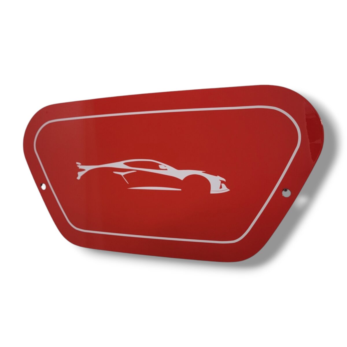 c8 corvette frunk trunk cover torch red with white z06 corvette in the center and white stripe on the boarder by classic trims customs. Custom painted in any corvette color